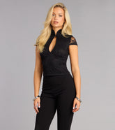 Chic Intentions Mock Neck Cutout Lace Top