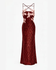 Araminta Sequined Gown with Floral Details - Red/Pink