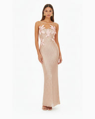 Araminta Sequined Gown with Floral Details - Blush Pink