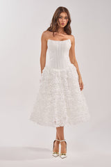 FIND ME LATER FLORAL CORSET MIDI DRESS IN WHITE
