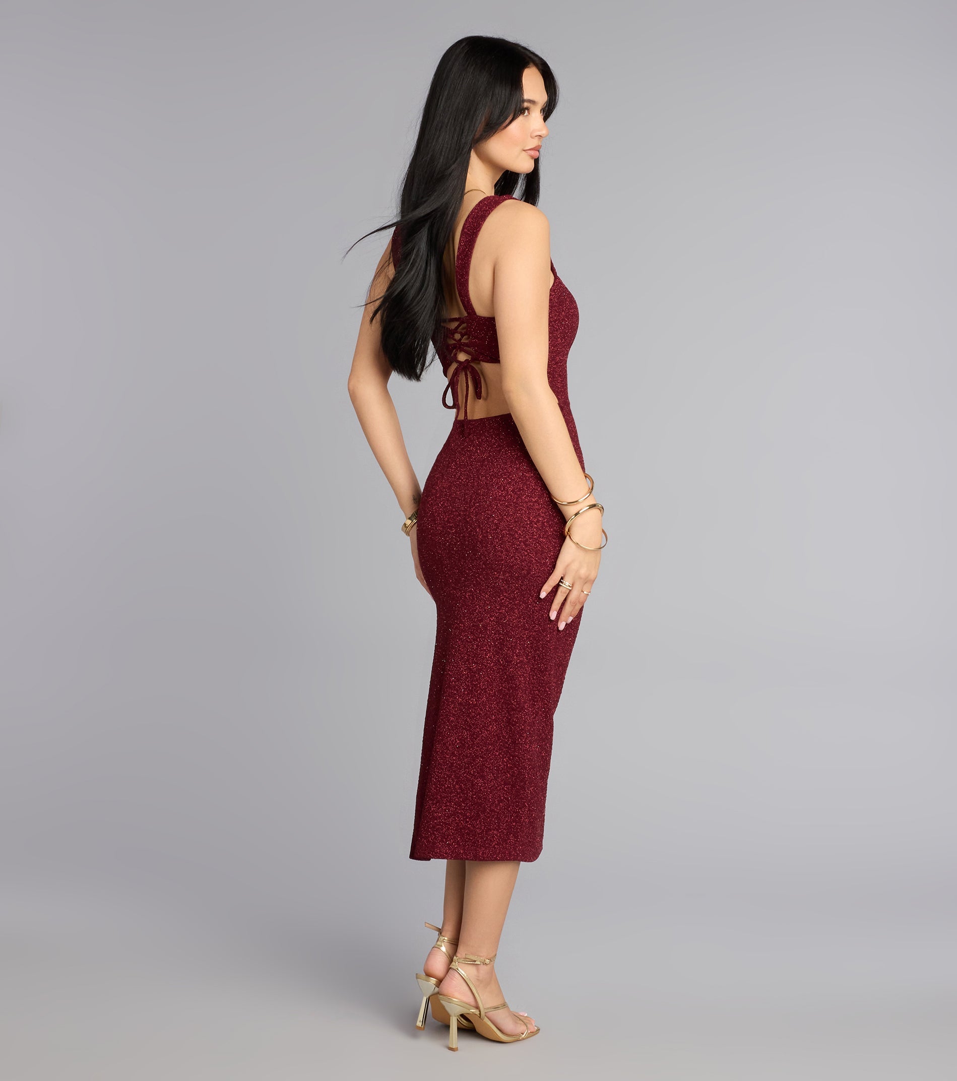 Marlowe Glitter Lace-Up Midi Formal Dress