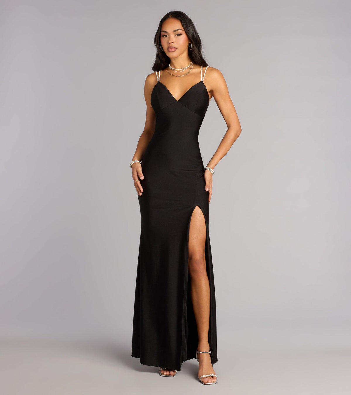 Eve V-Neck Rhinestone Lace-Up Formal Dress