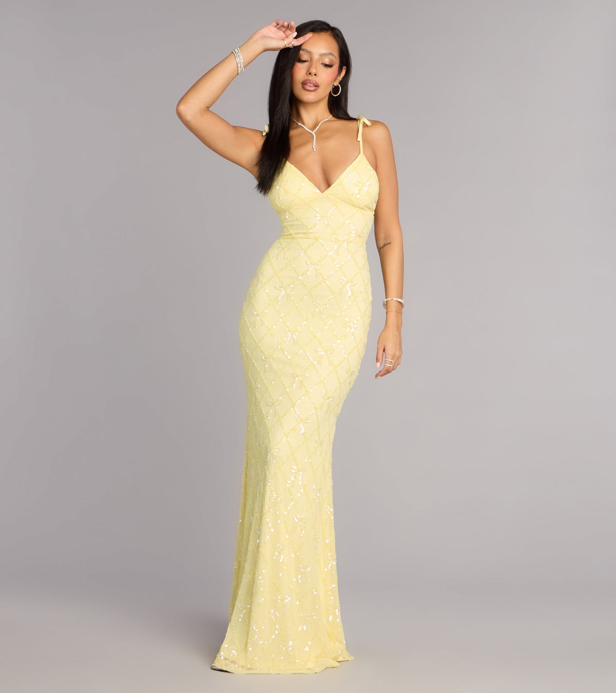 Tessa Bow Beaded Lace-Up Formal Dress