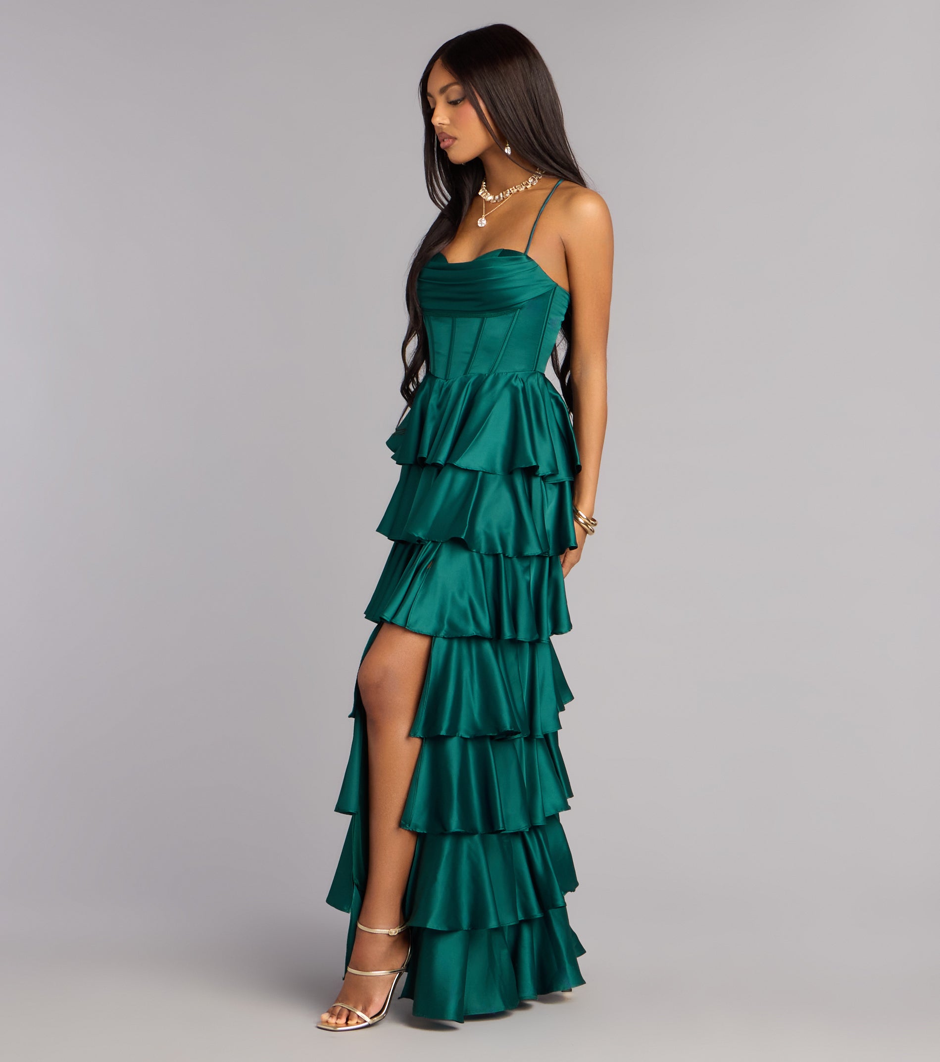 Rose Satin Ruffle A-Line Formal Dress
