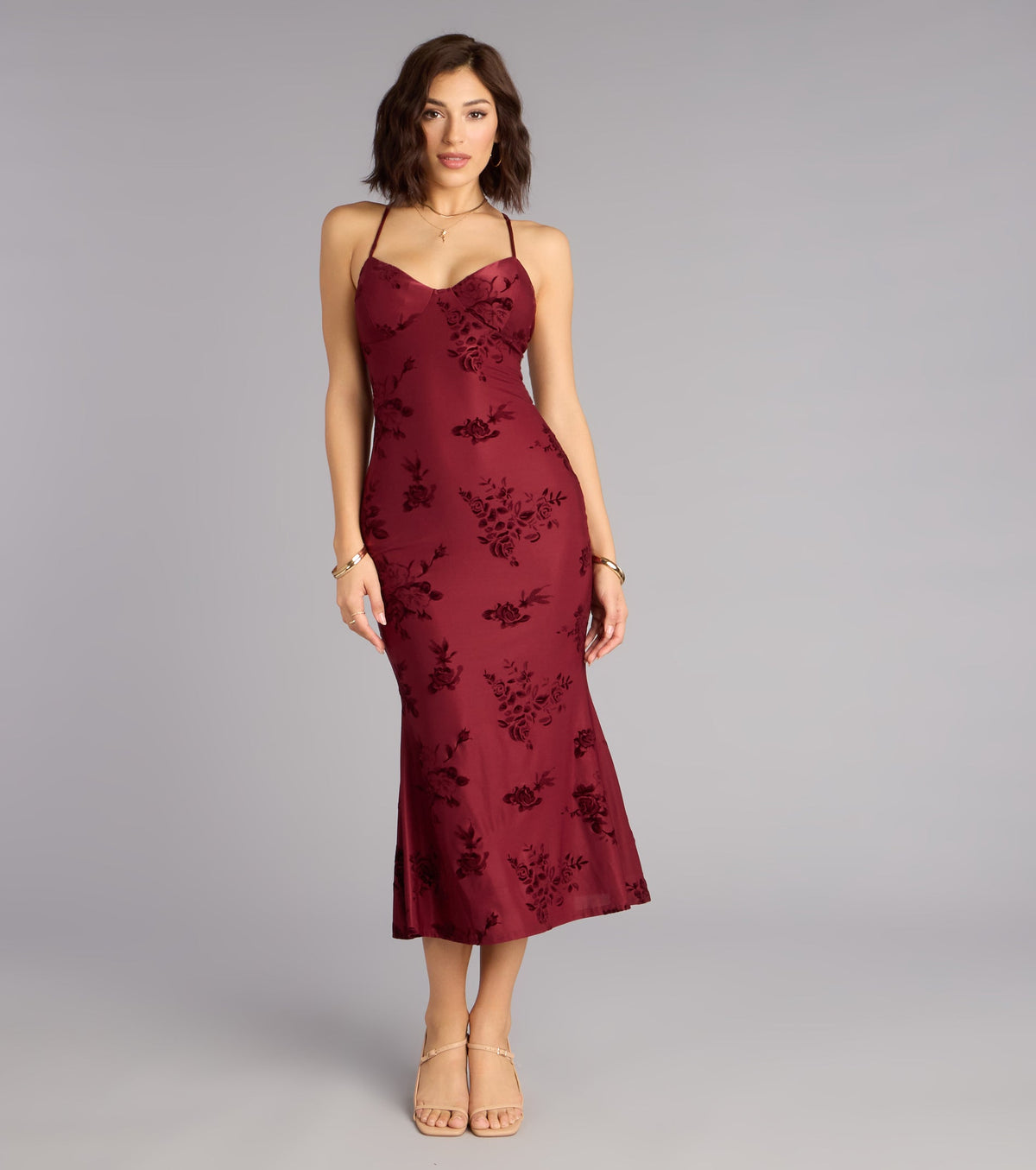 Romance Language Floral Lace-Up Midi Dress