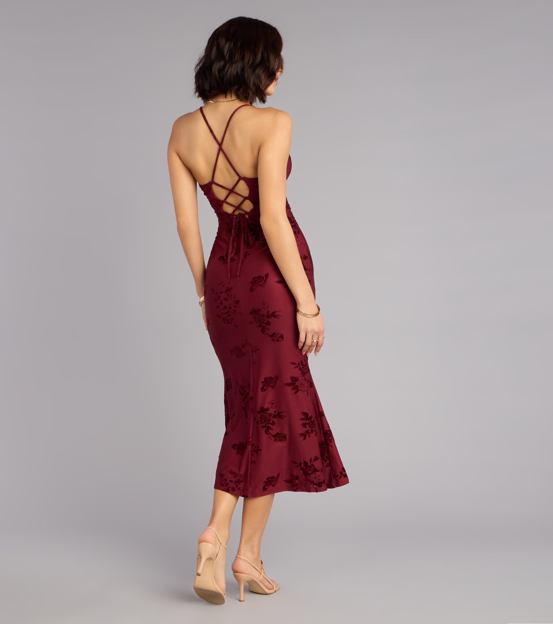 Romance Language Floral Lace-Up Midi Dress