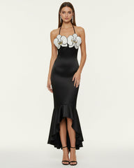 Orchid Embroidered High-Low Midi Dress - Black