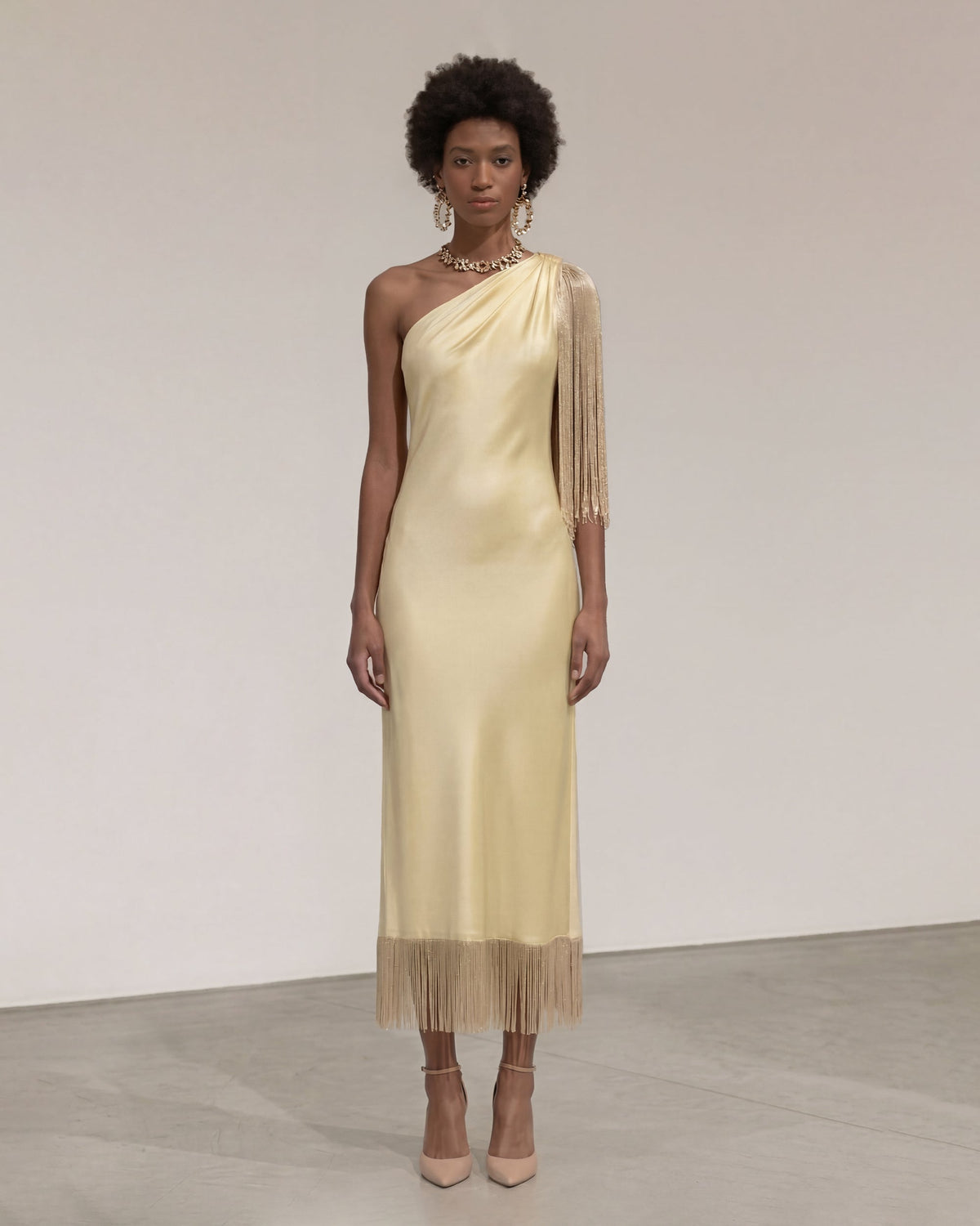 One Shoulder Fringe Midi Dress - Champagne
