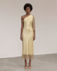 One Shoulder Fringe Midi Dress - Champagne