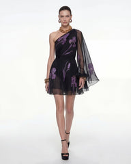 One Shoulder Floral Mesh Dress - Black
