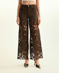High-Rise Rhinestone Lace Wide-Leg Jeans - Coffee Color