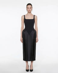 Square Neck Pannier Midi Dress - Black