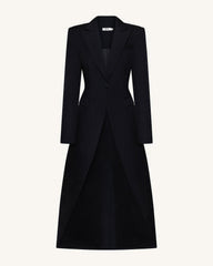 Structured Peak-Lapel Cutaway Maxi Blazer - Black