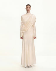Sheer Shawl Ruched Bodycon Maxi Gown - Cream