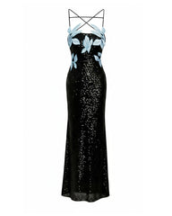 Araminta Sequined Gown with Floral Details - Black/Blue