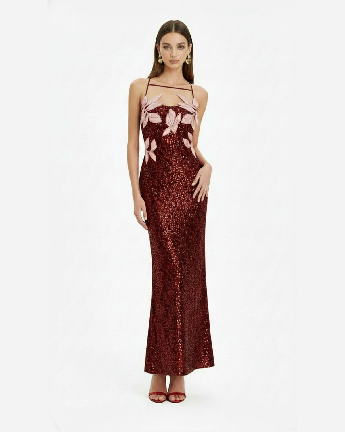 Araminta Sequined Gown with Floral Details - Red/Pink