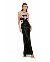 Araminta Sequined Gown with Floral Details - Black/Pink