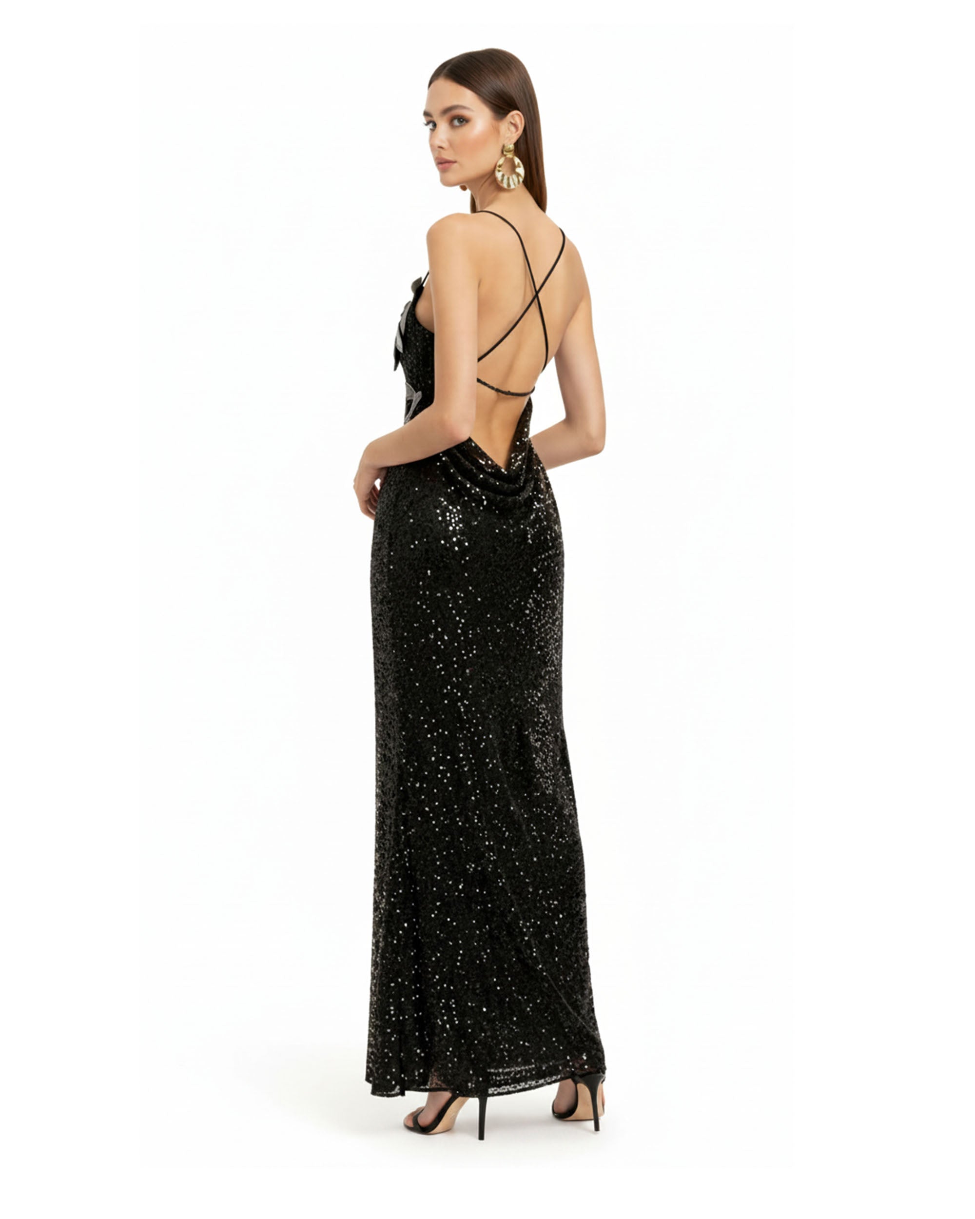 Araminta Sequined Gown with Floral Details - Black/Silver