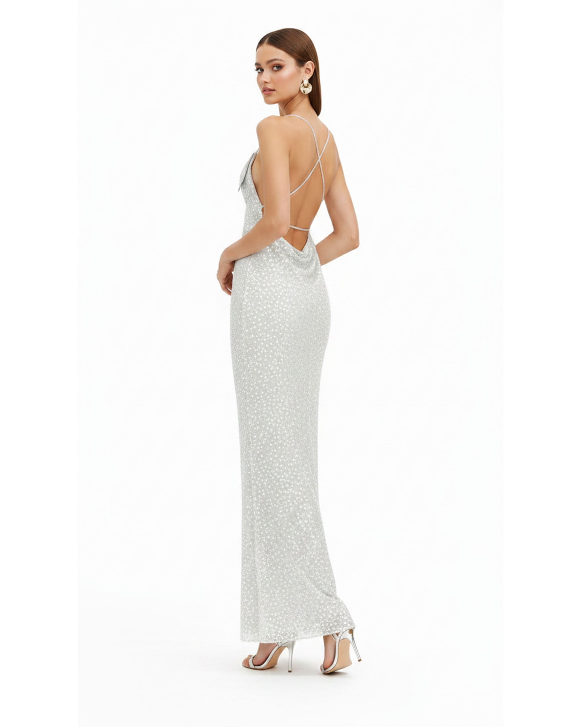 Araminta Sequined Gown with Floral Details - White/Silver