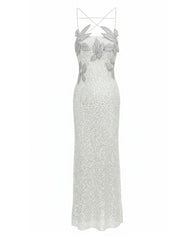 Araminta Sequined Gown with Floral Details - White/Silver