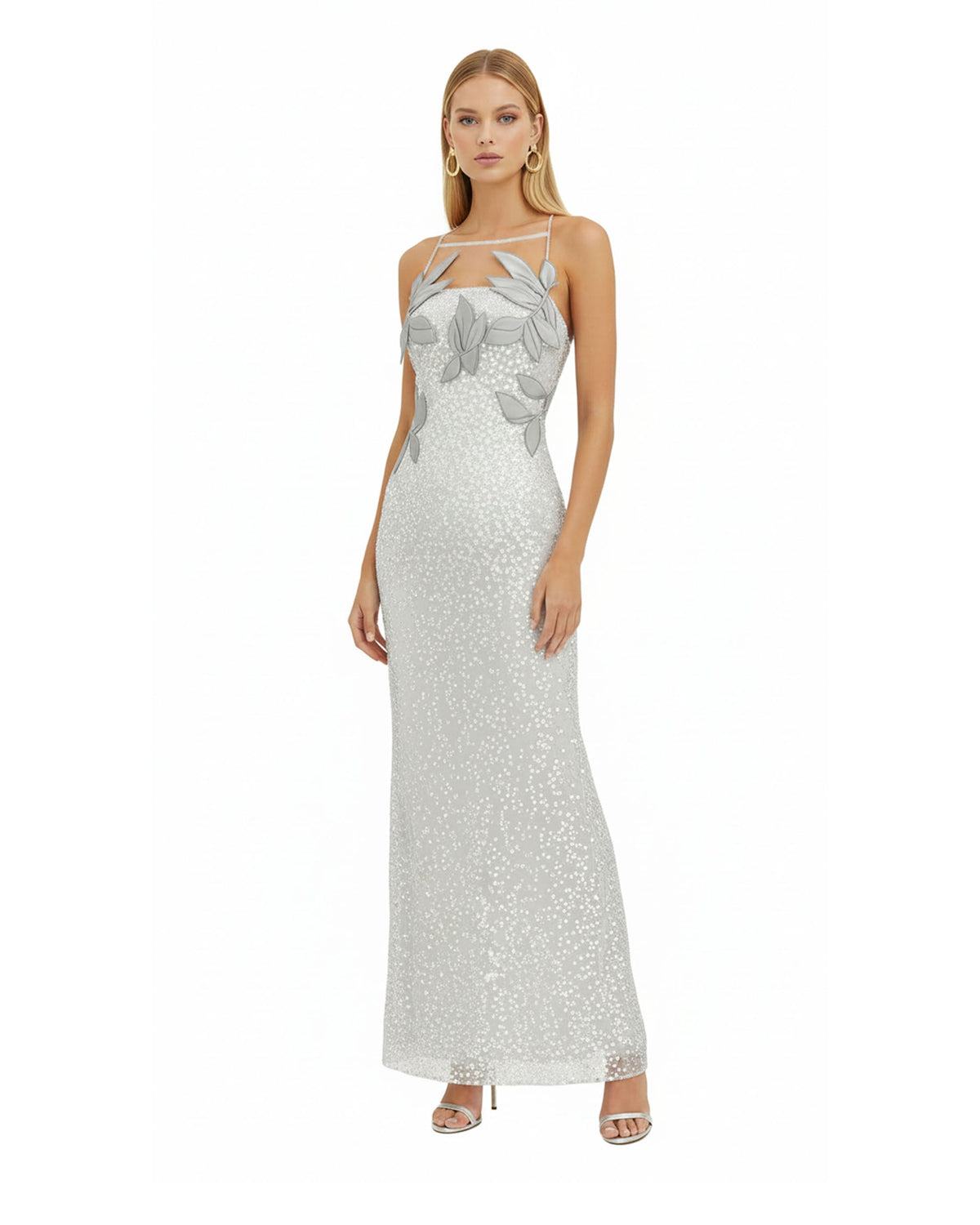 Araminta Sequined Gown with Floral Details - White/Silver