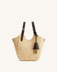 Ines Faux Straw Tote Bag - Brown