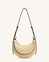 Sharon Faux Straw Crossbody Bag - Brown