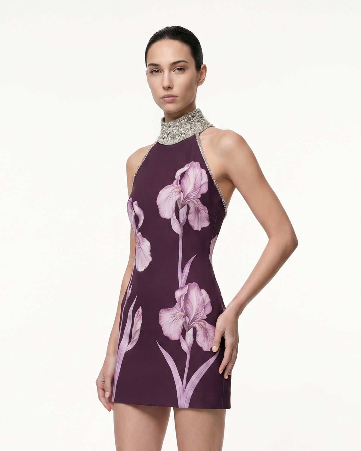 Jeweled Halter Iris Motif Dress - Deep Claret