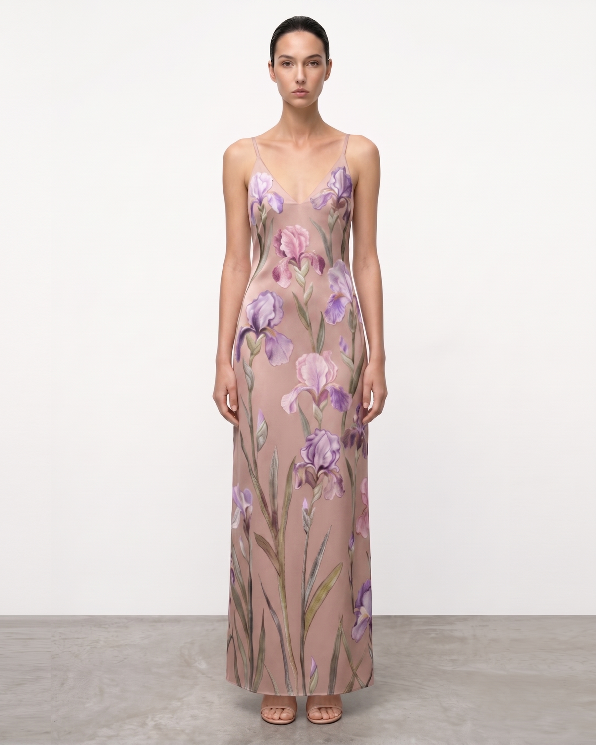 V-Neck Iris Motif Satin Slip Gown - Dusty Rose/Purple