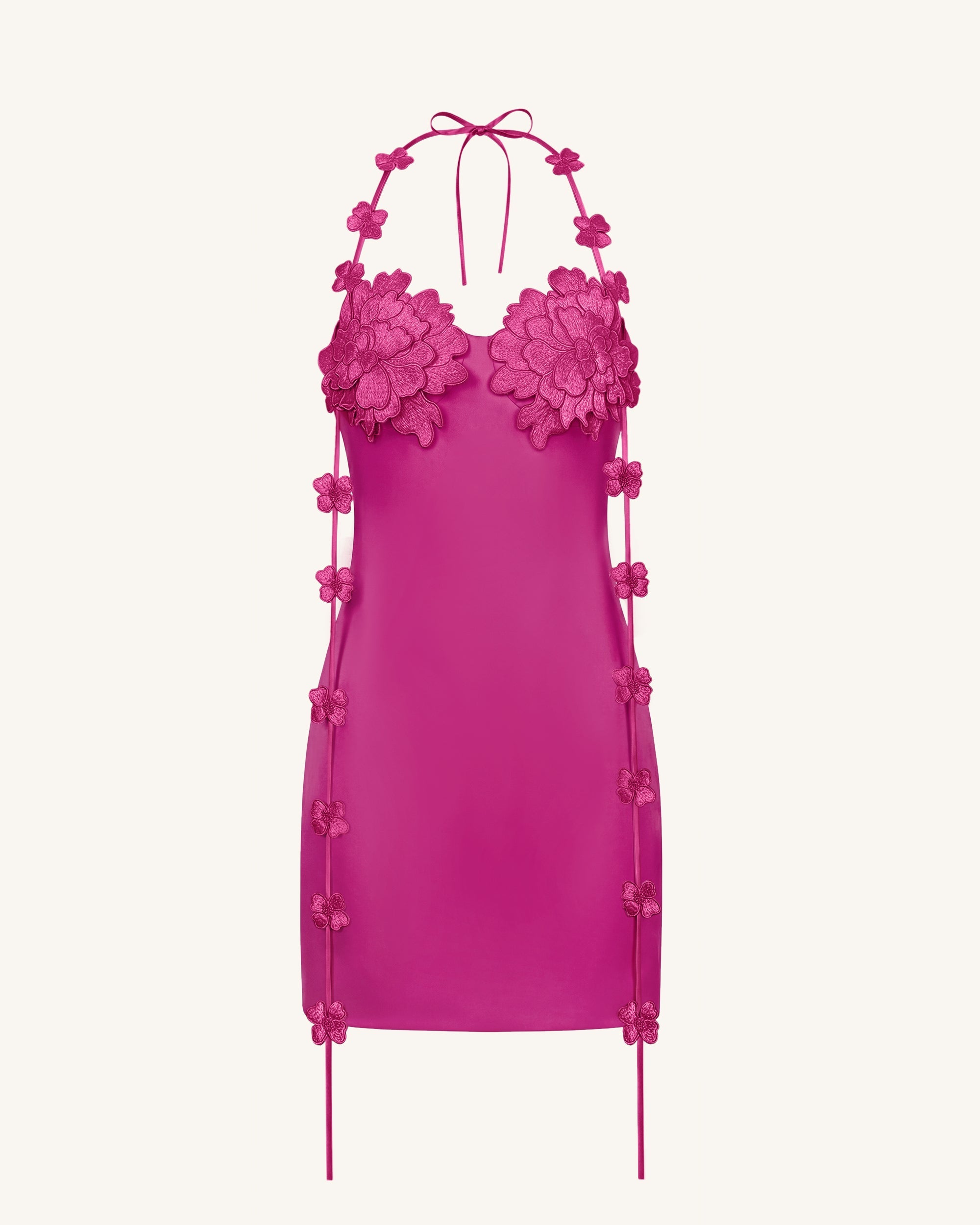 Floral Embellished Slip Mini Dress - Fuchsia Pink