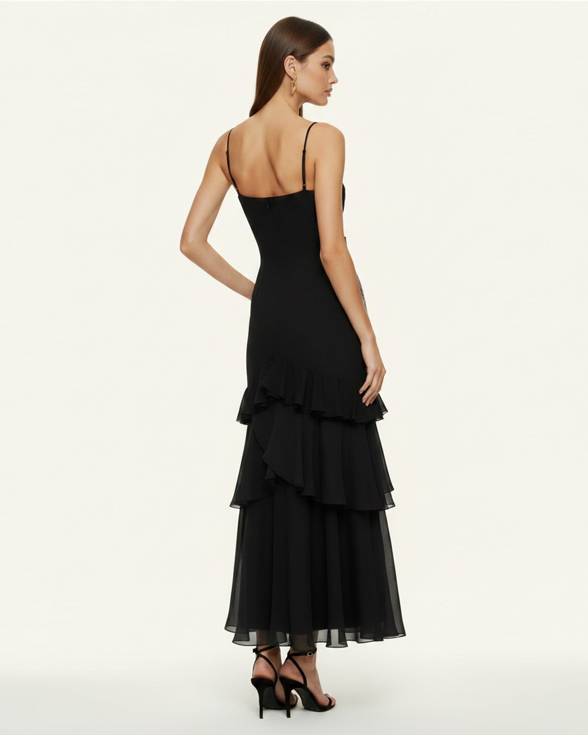 Orchid Embroidered Ruffled One-Shoulder Maxi Dress - Black