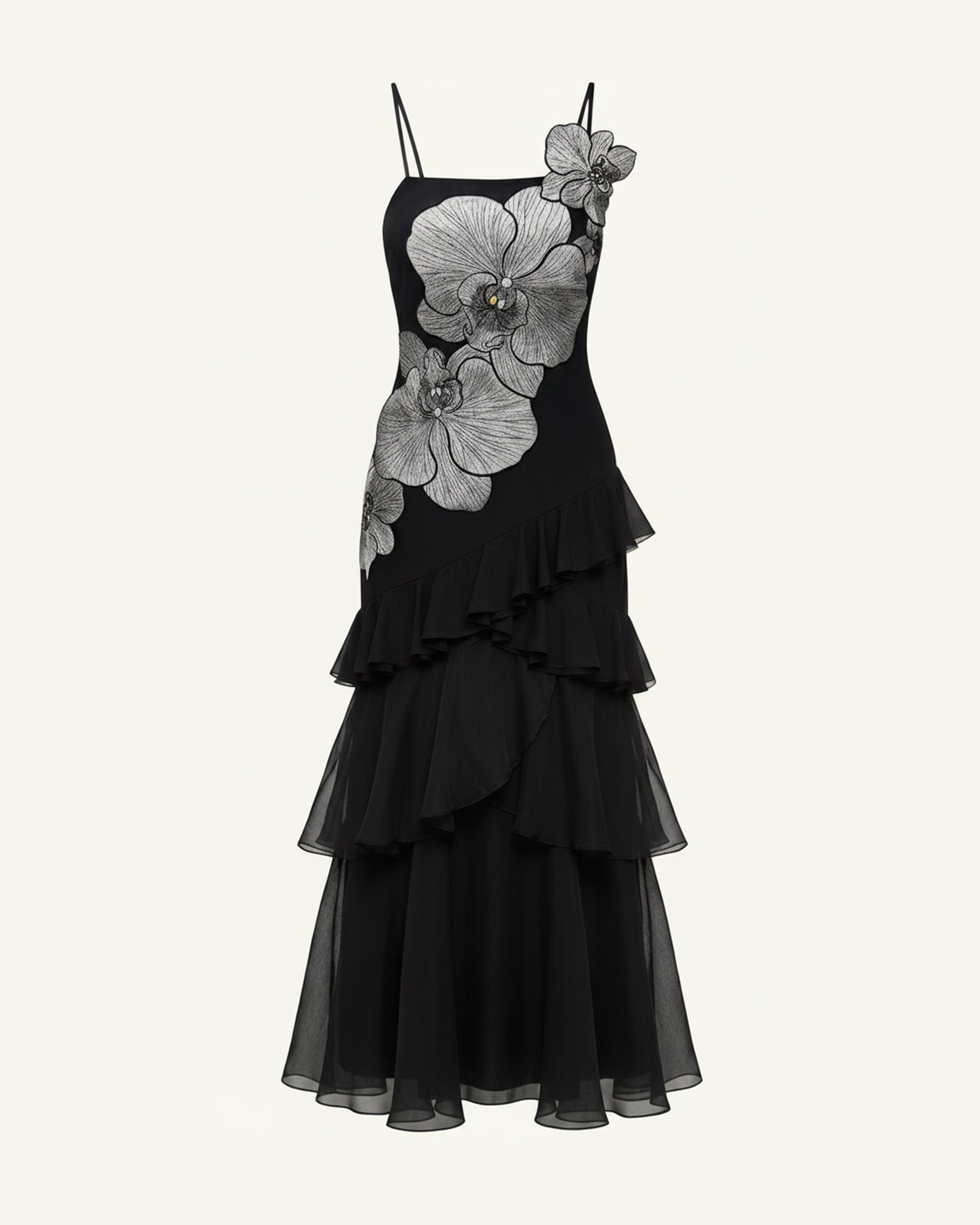 Orchid Embroidered Ruffled One-Shoulder Maxi Dress - Black
