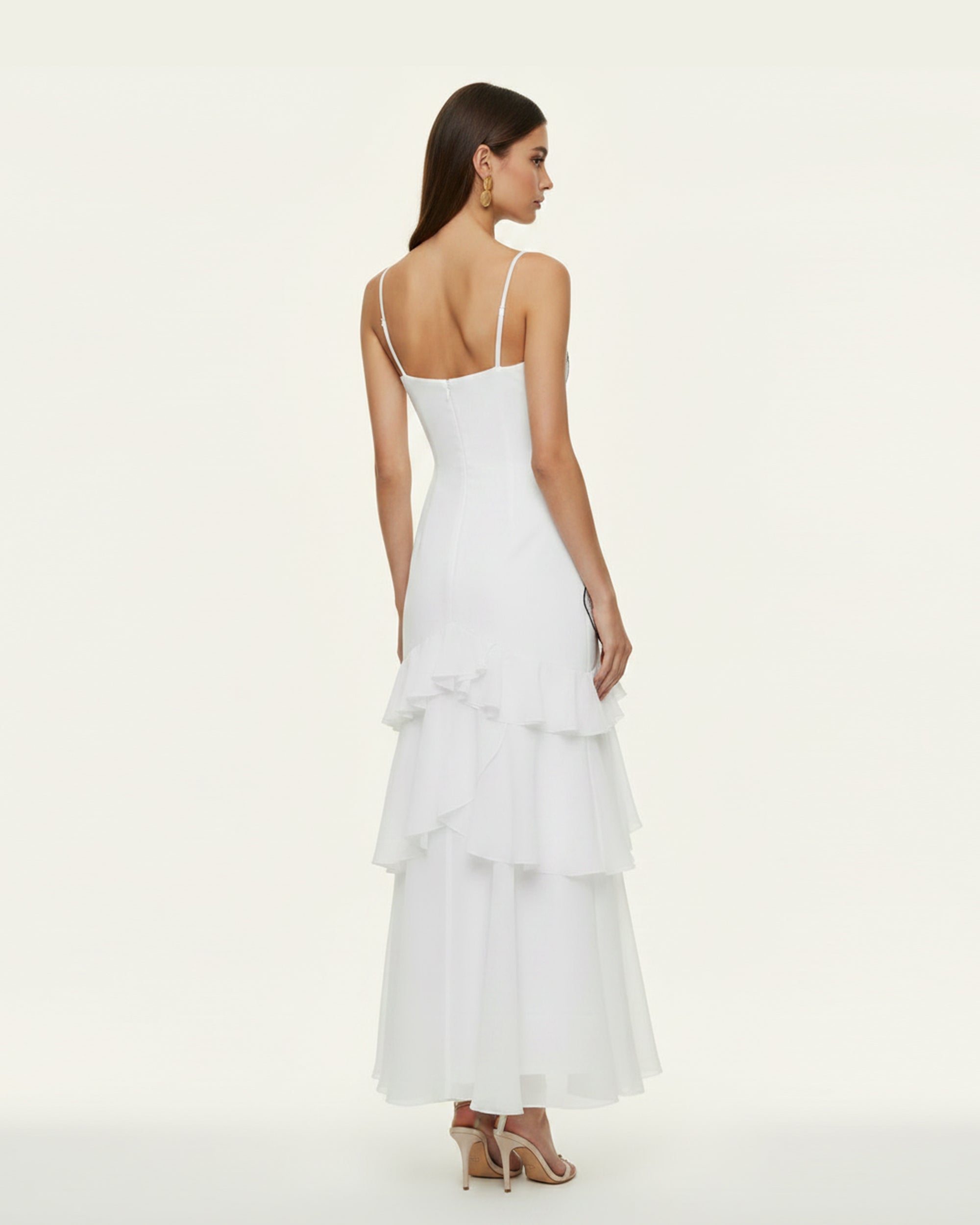 Orchid Embroidered Ruffled One-Shoulder Maxi Dress - White