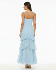 Orchid Embroidered Ruffled One-Shoulder Maxi Dress - Light Blue