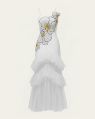 Orchid Embroidered Ruffled Tulle Strapless Maxi Dress - White