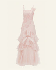 Orchid Embroidered Ruffled Tulle Strapless Maxi Dress - Blush Pink