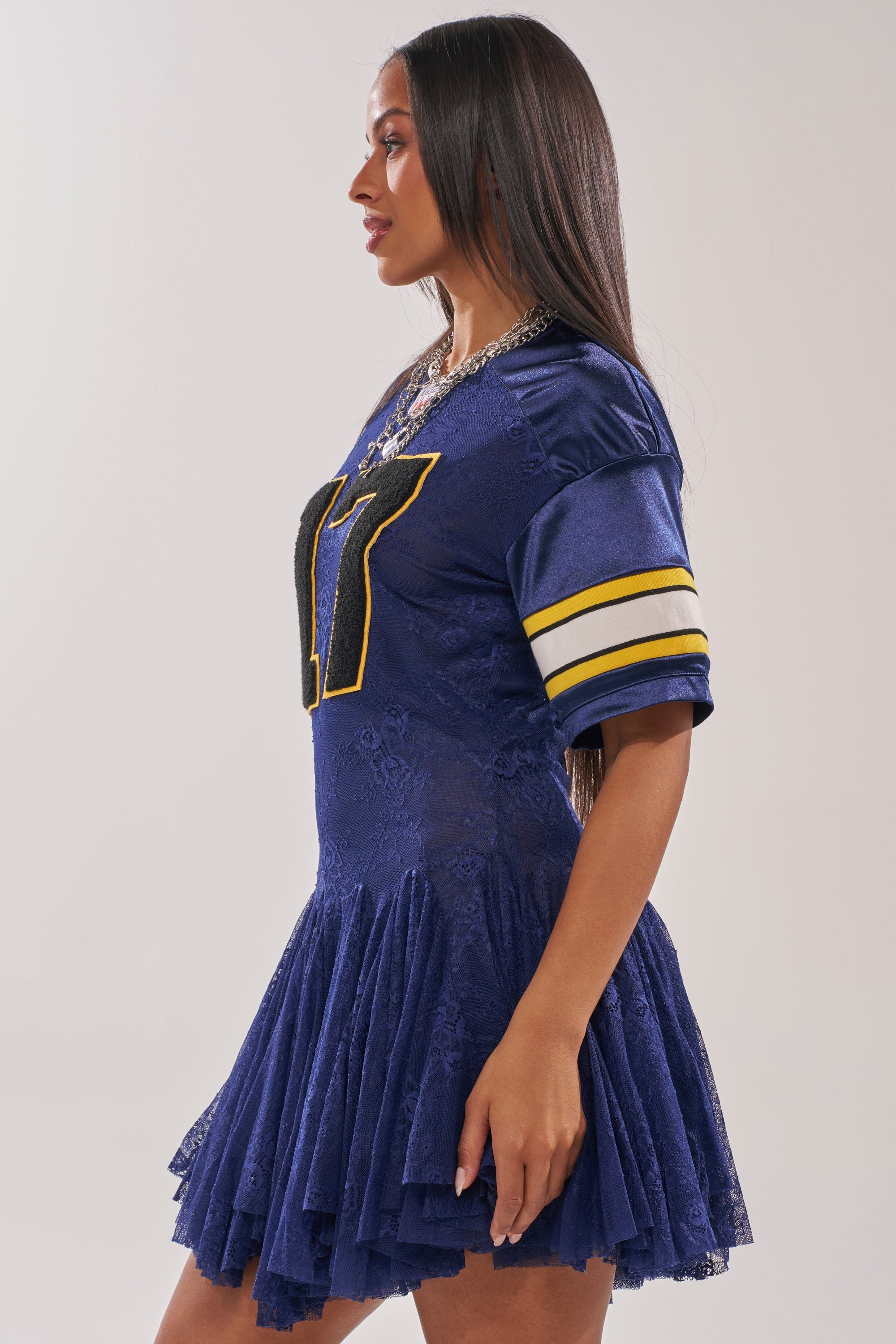 VARSITY BLUES LACE MINI DRESS