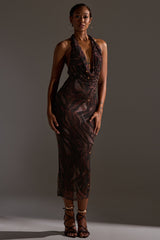 LENNON PRINTED MESH RHINESTONE MIDI DRESS