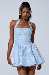 BRINA BROCADE MINI DRESS IN BLUE