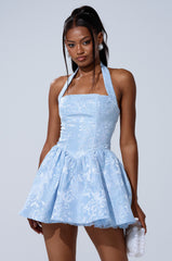 BRINA BROCADE MINI DRESS IN BLUE