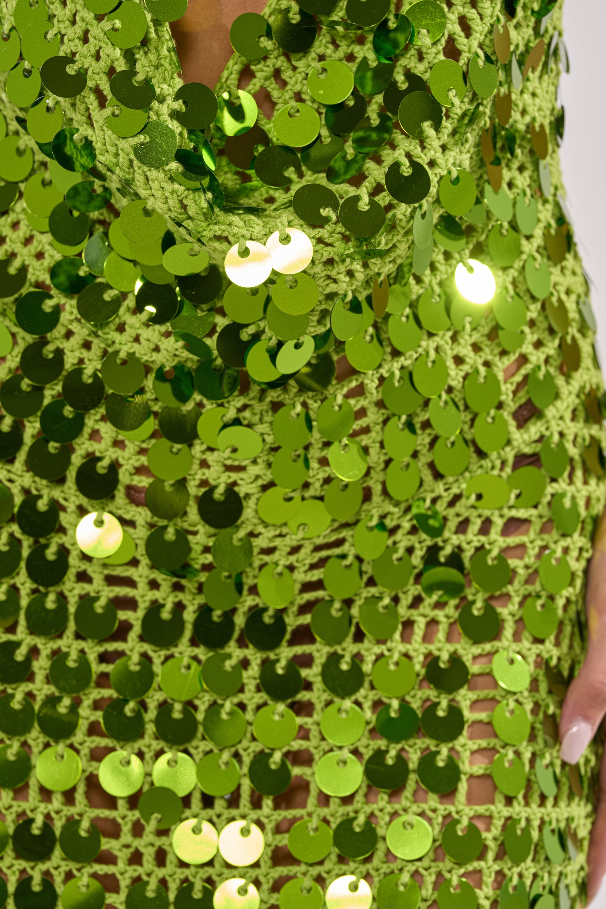 ARIEL SEQUIN CROCHET MINI DRESS IN GREEN