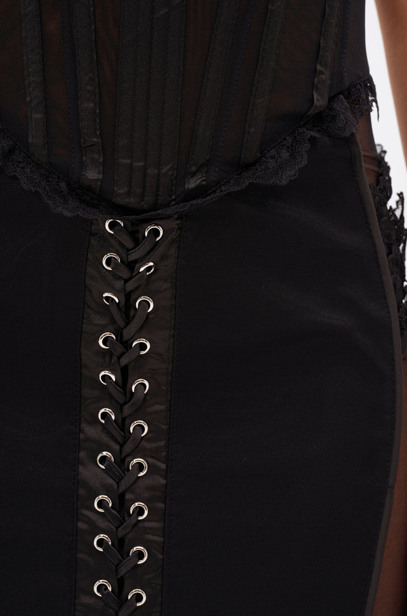 LET ME REMIND YOU LACE UP MESH MIDI DRESS