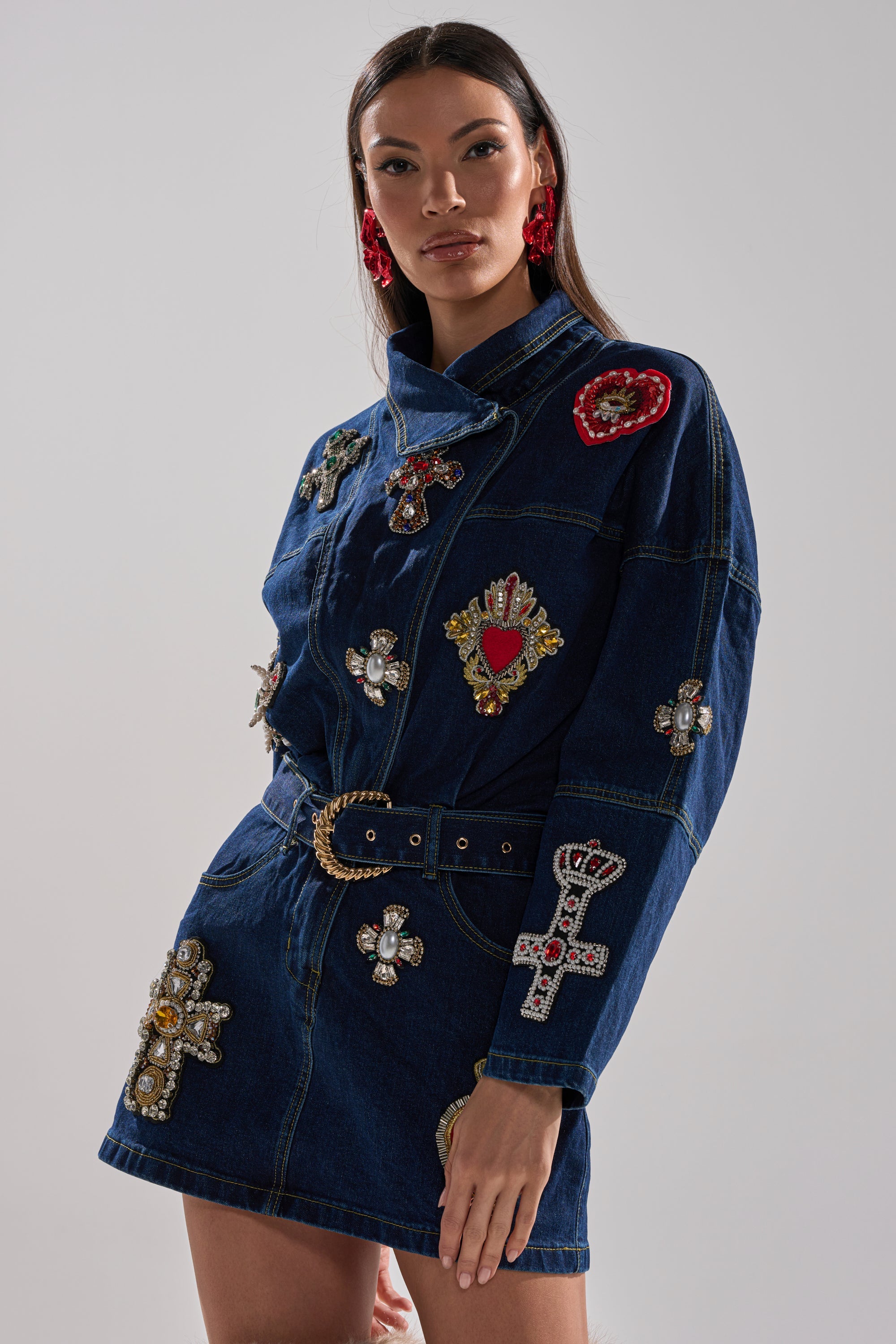 PRETTIEST PROBLEM DENIM PATCHWORK MINI DRESS