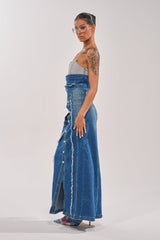 UP TO NO GOOD DISTRESSED DENIM MAXI DRESS
