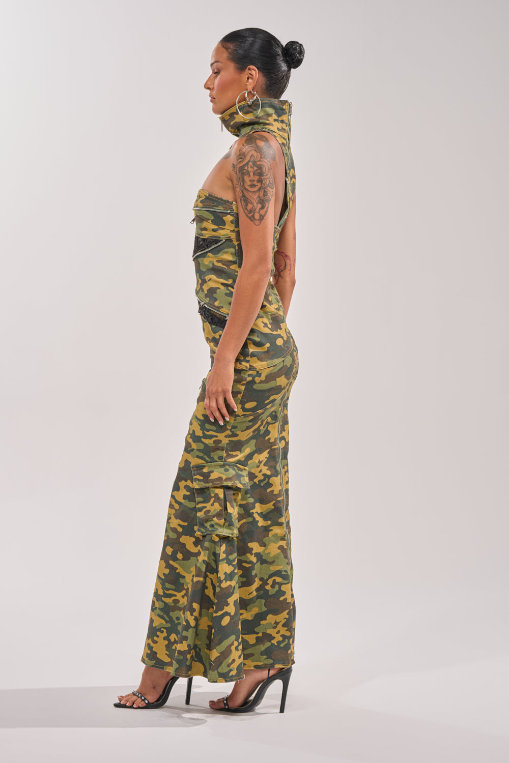 FUSED TOGETHER MOCK NECK MAXI DRESS IN CAMO