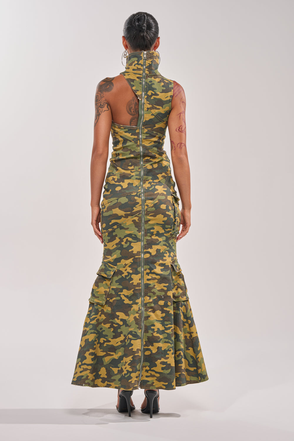 FUSED TOGETHER MOCK NECK MAXI DRESS IN CAMO