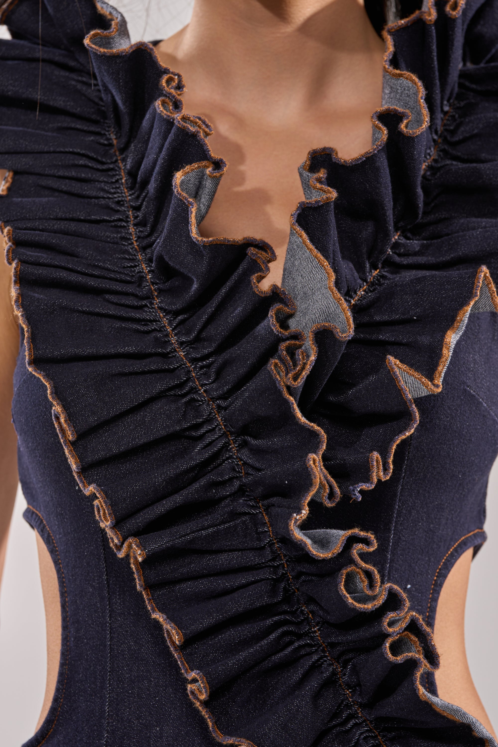 SAY IT AGAIN RUFFLED DENIM MINI DRESS IN DARK BLUE DENIM
