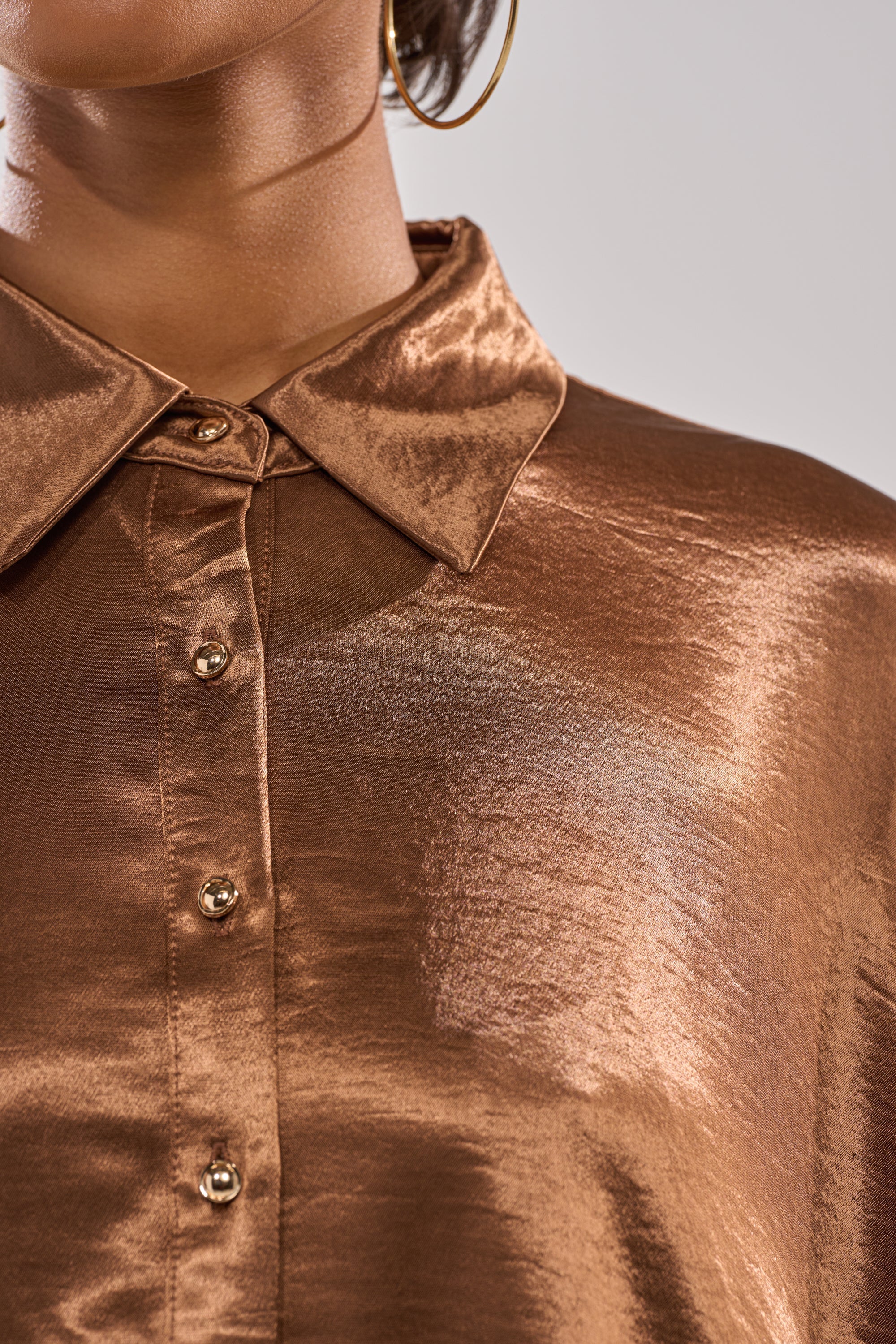 WONDERLUST SATIN LONG SLEEVE MINI DRESS IN BROWN