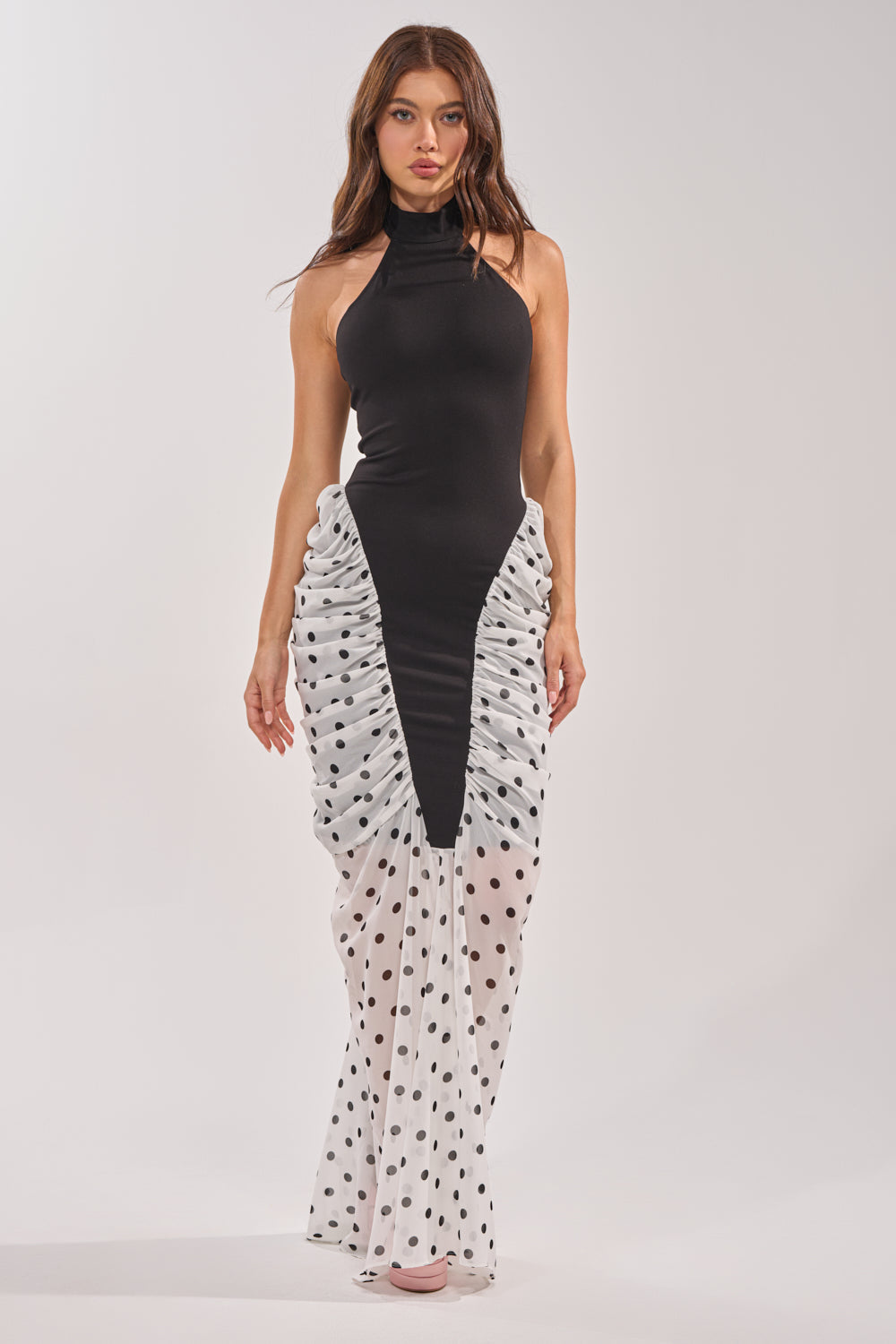 OUT FOR THE NIGHT MOCK NECK MAXI DRESS IN POLKA DOT