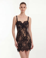 Eyelash Lace Bustier Bodycon Dress - Black